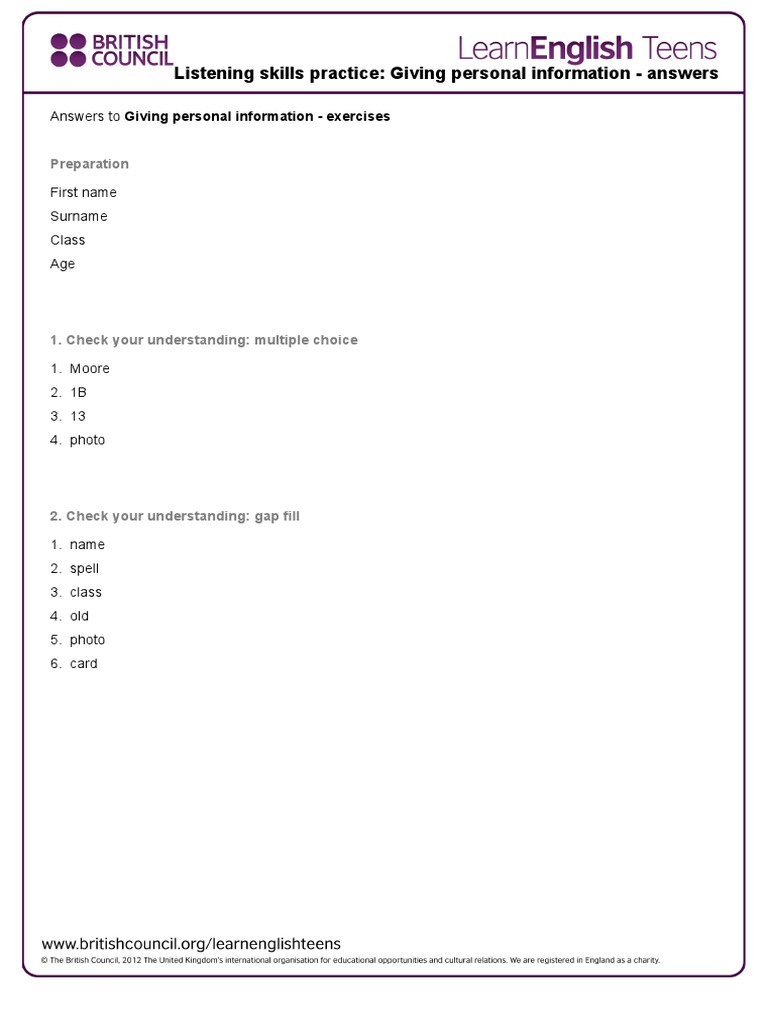 Giving Personal Info Answers | PDF