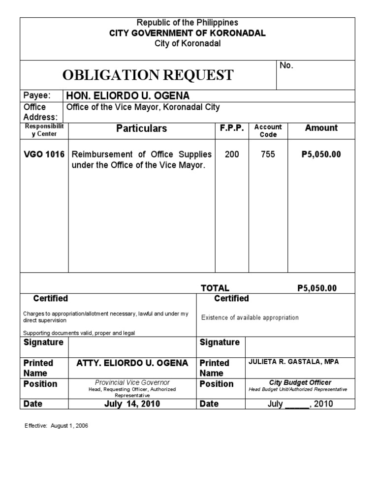 Obligation Request for Office Supplies | PDF