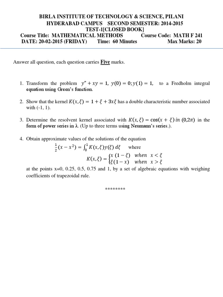 BITS Pilani Math Methods Exam Papers | PDF | Fourier Transform | Equations