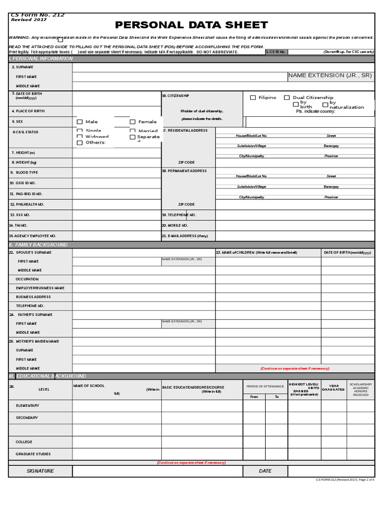 CS Form No. 212 Revised Personal Data Sheet 2 - New | PDF | Crime ...