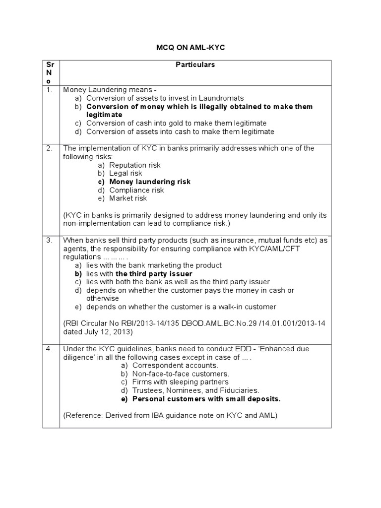 Aml Kyc Mcq Money Laundering Financial Action Task Force On Money Laundering