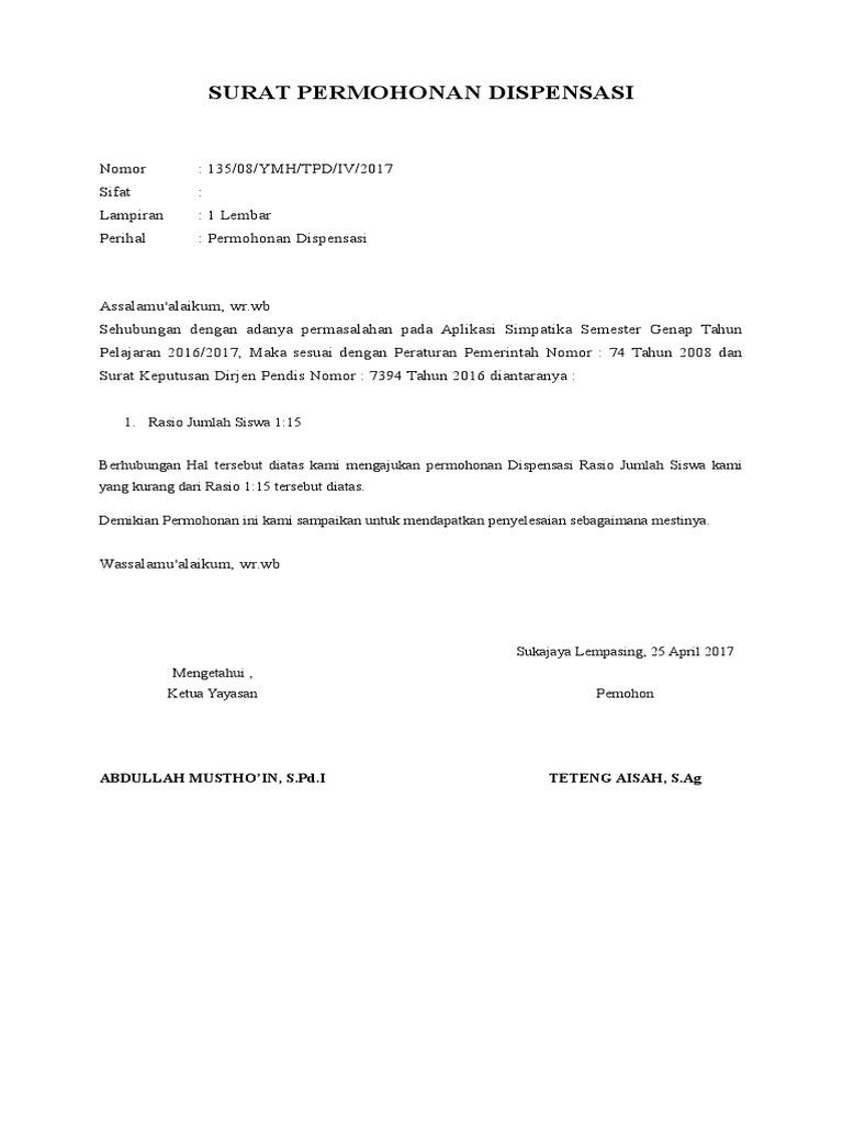 Surat Permohonan Dispensasi