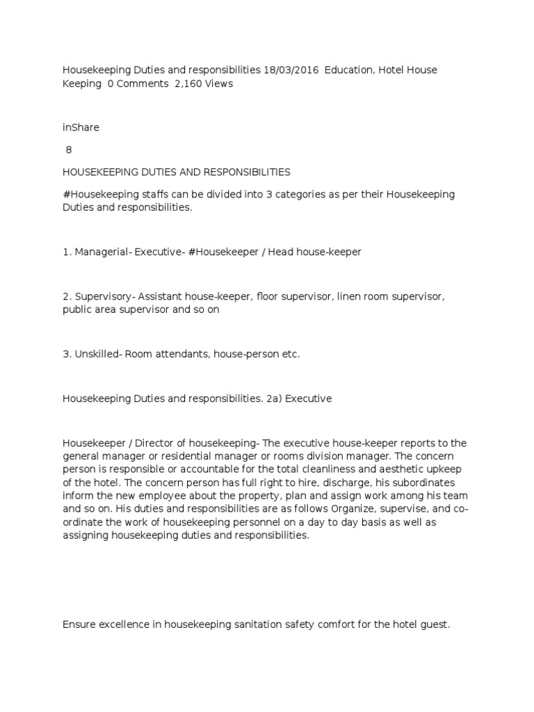 Housekeeping Duties and Responsibilities 18 PDF Housekeeping