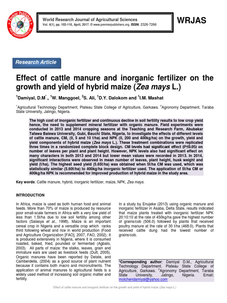 Effect of Cattle Manure and Inorganic Fertilizer On The Growth and ...