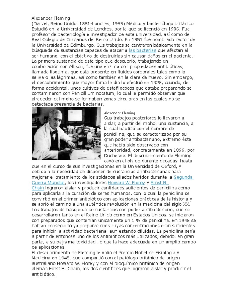 Biografía de Alexander Fleming para niños | PDF | Penicilina | Medicina