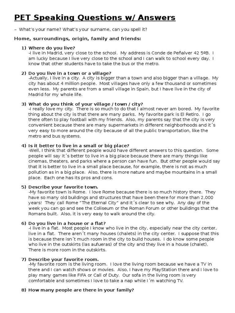 Speaking PET b1 Typical Questions with answers | Pet | Cuisine
