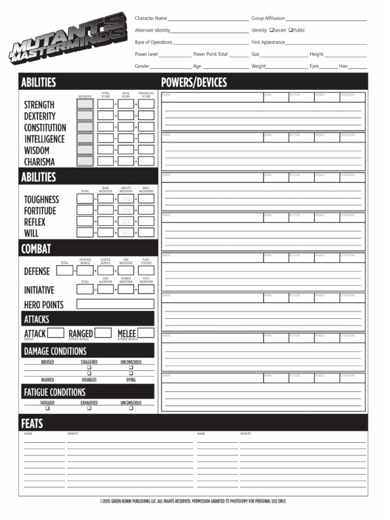 Mutants Masterminds Character Sheet 2nd Ed PDF | PDF