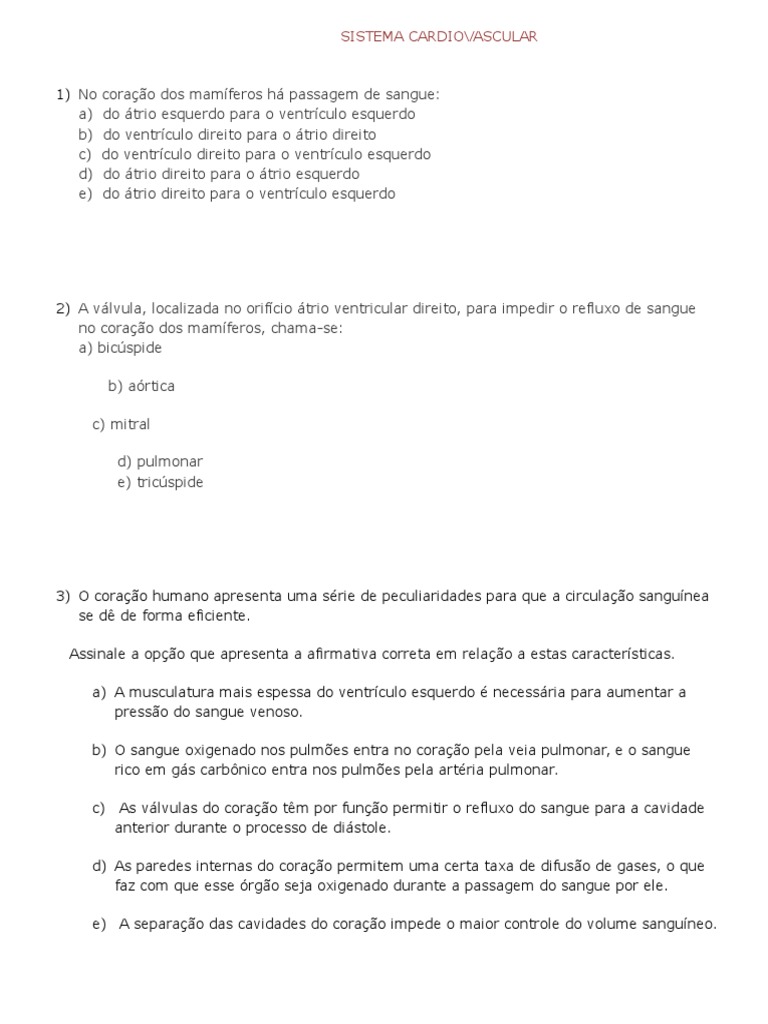 Exercícios Sobre O Sistema Cardiovascular 8o Ano