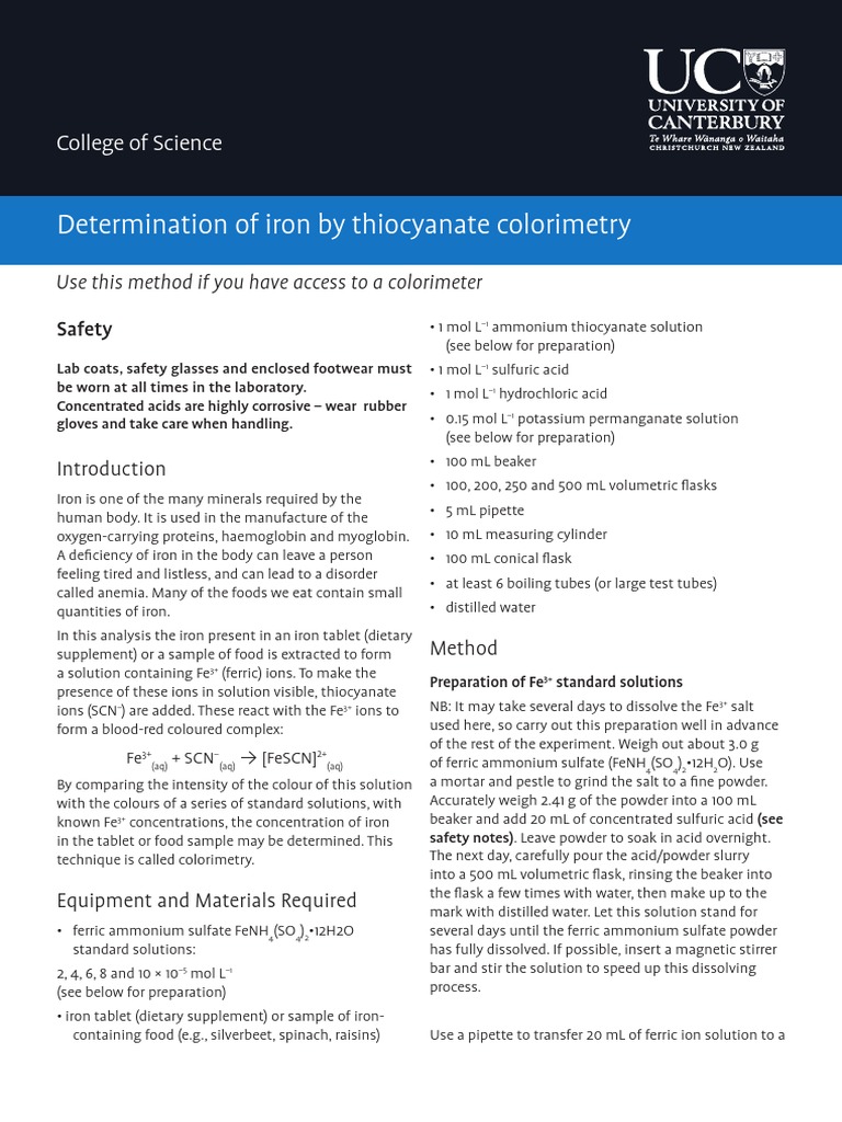 Determination of Iron by Thiocyanate Colorimetry | PDF