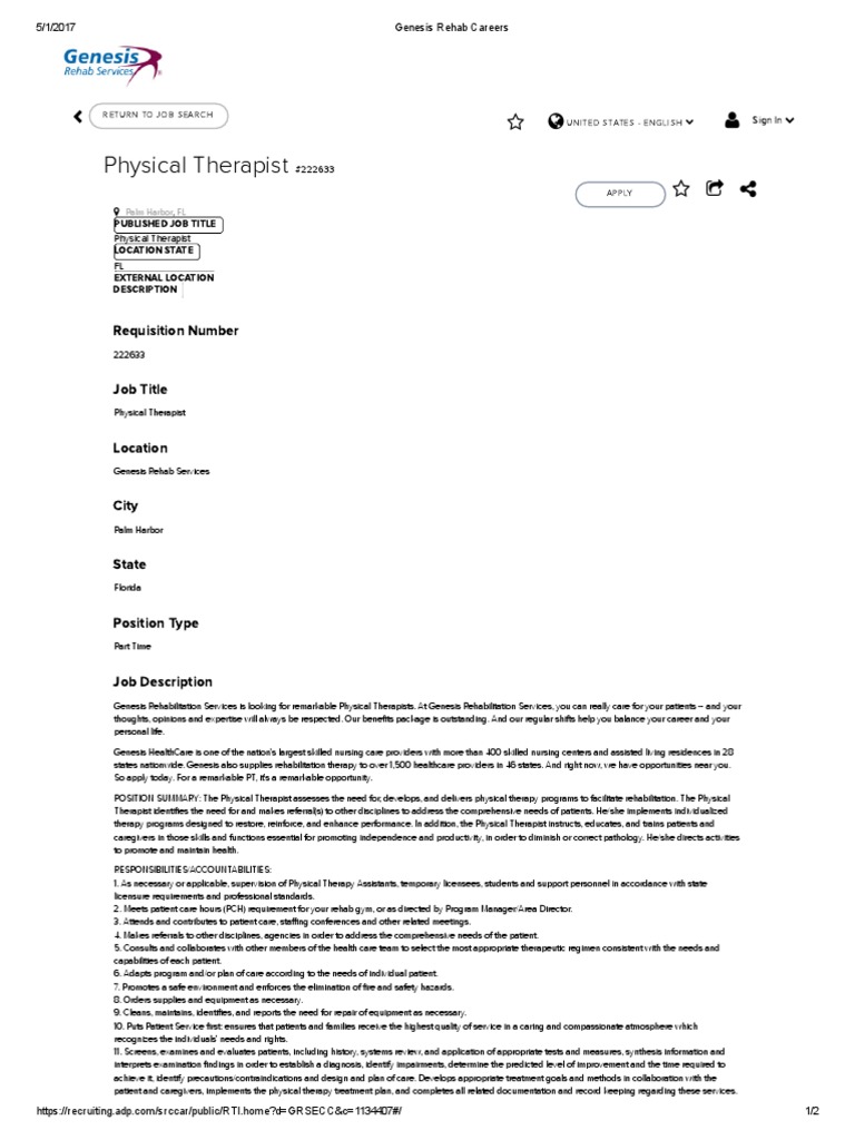 genesis rehab careers Physical Therapy Nursing Home Care