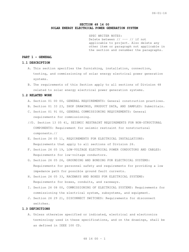SECTION 48 14 00 Solar Energy Electrical Power Generation System | PDF ...
