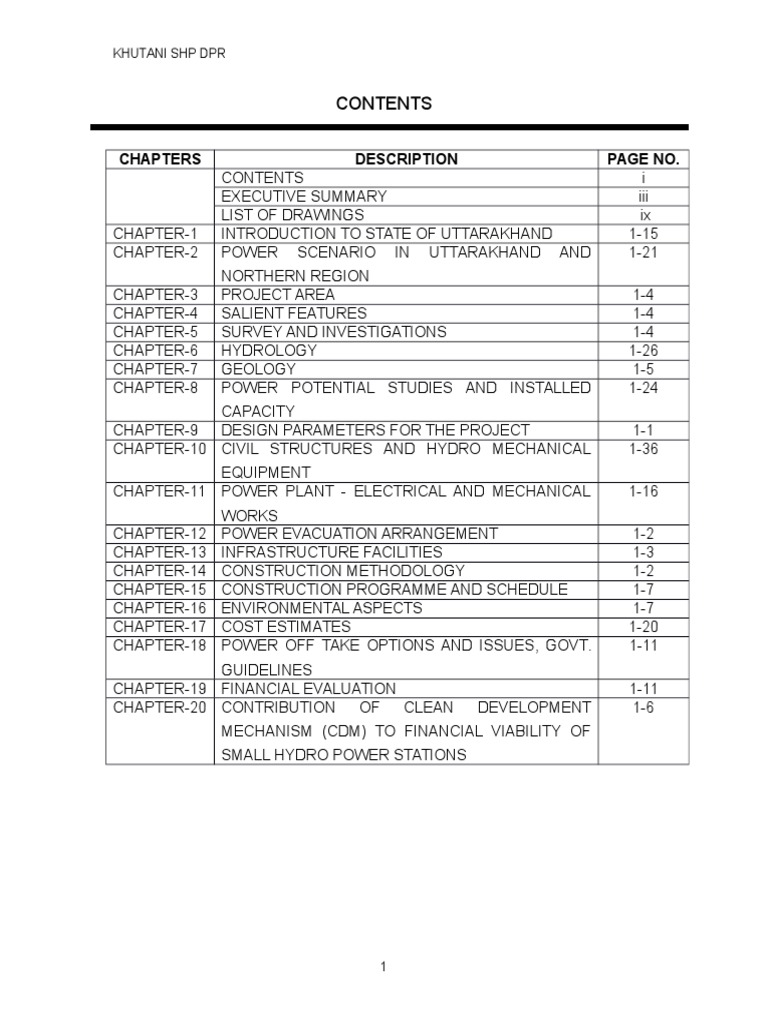 Chapters Description Page No.: Khutani SHP DPR | PDF | Science ...