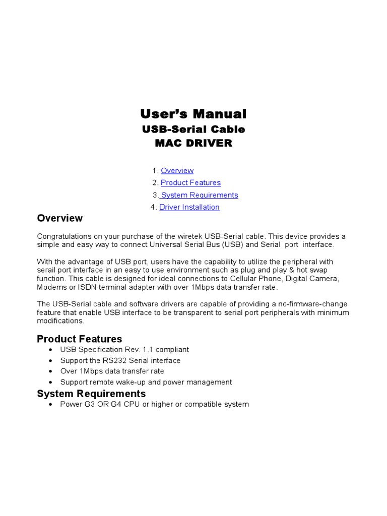 User's Manual: USB-Serial Cable Mac Driver | PDF