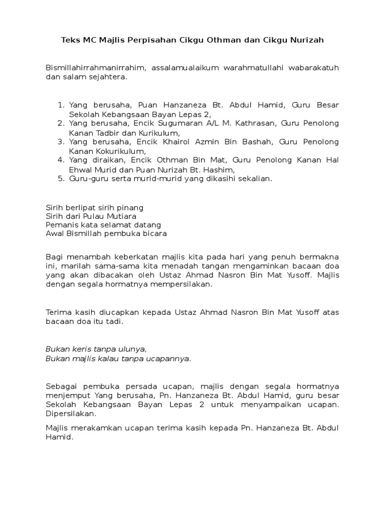 Teks MC Majlis Perpisahan Guru | PDF