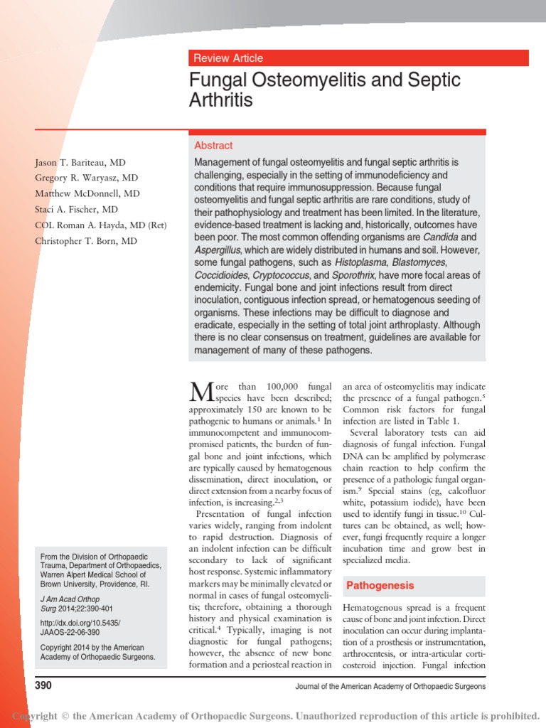 Fungal Osteomyelitis and Septic Arthritis Review Candidiasis Infection