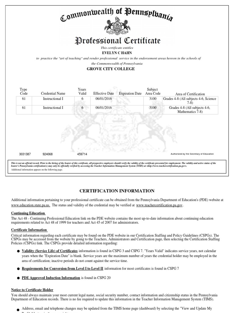 Teaching Certificate PDF Credential Government Information