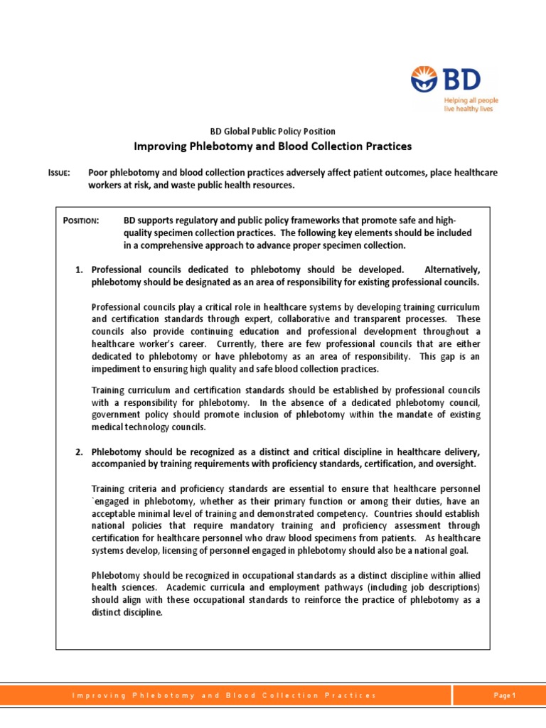 Policy Phlebotomy Blood Collection | PDF | President's Emergency Plan ...