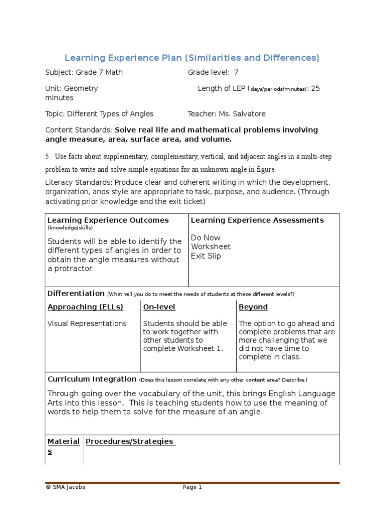 Lesson Plan Comparing Pdf Angle Lesson Plan