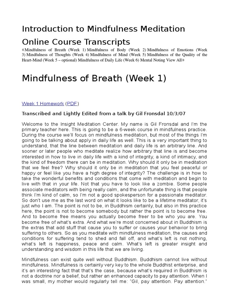 Introduction To Mindfulness Meditation Online Course Transcripts ...