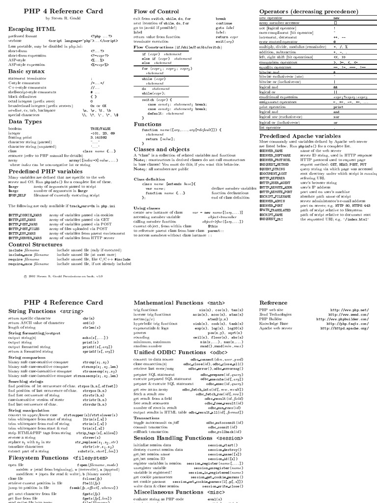 PHP 4 Reference Card | PDF