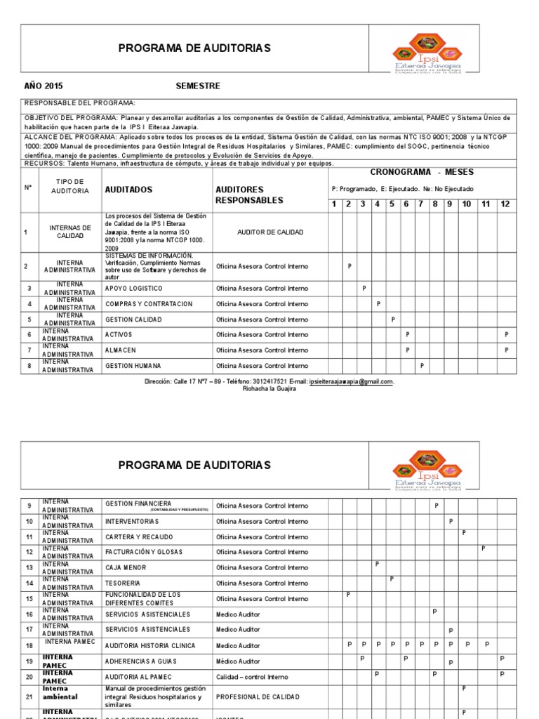 Programa de Auditorías Eiteraa Jawapia 2015 | PDF | Calidad (comercial ...