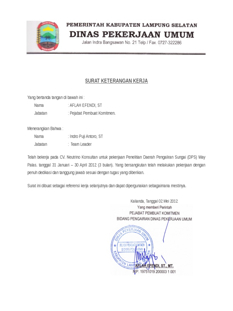 Surat Referensi Kerja Dinas Pu