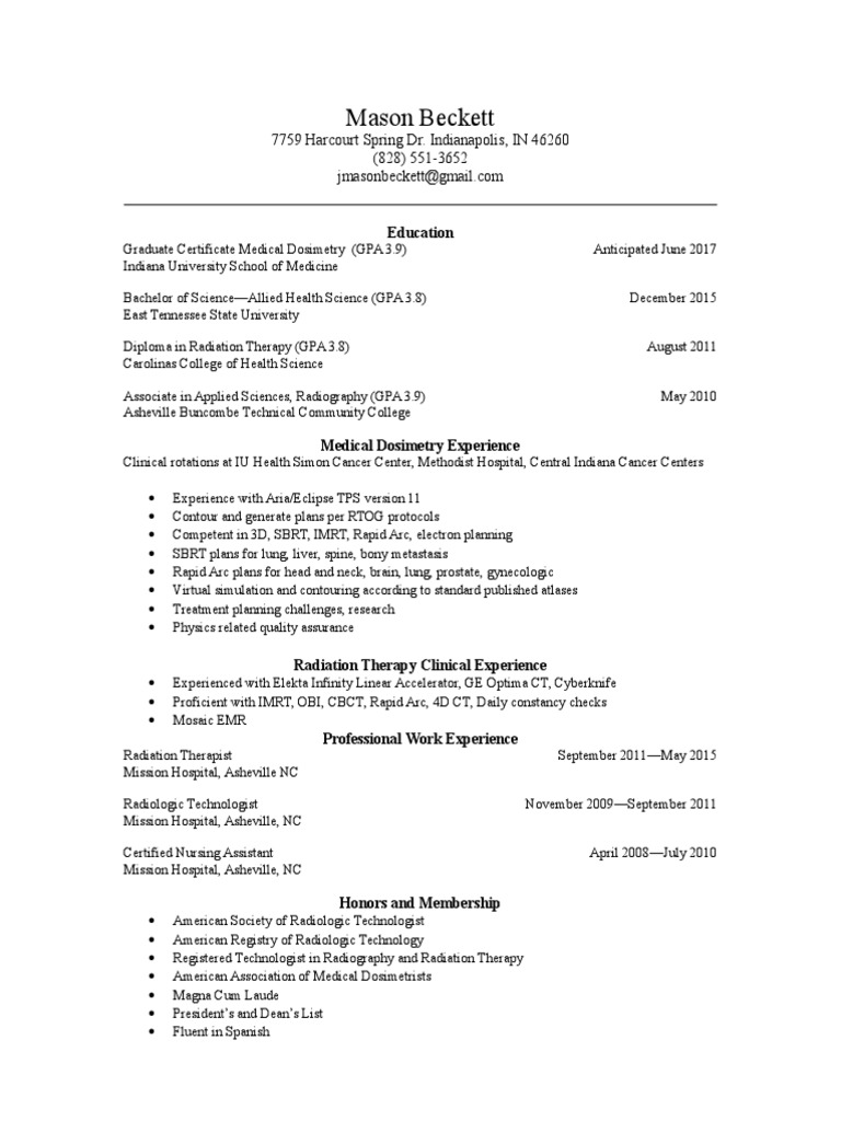 Mason Beckett: Medical Dosimetry Resume | PDF