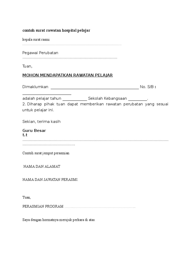 Contoh Surat Rawatan Hospital Pelajar Pdf