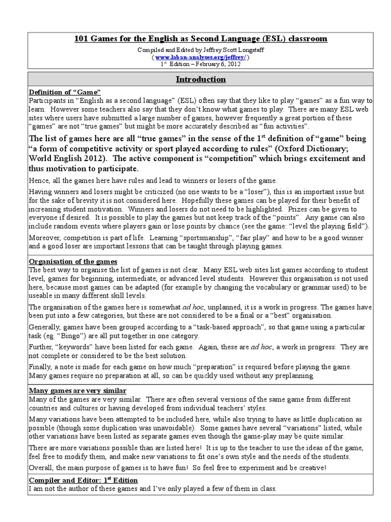 101 ESL Games for Classroom Fun | PDF | English Language | English As A ...