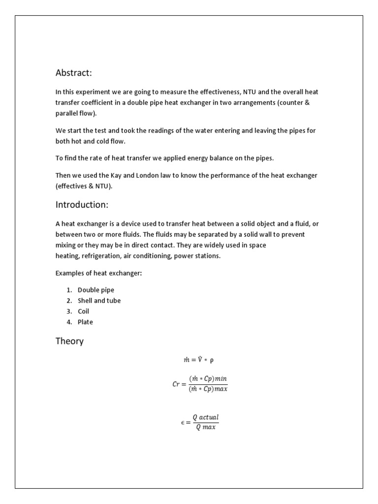 Double Pipe Heat Exchanger Report | PDF | Heat Exchanger | Heat Transfer