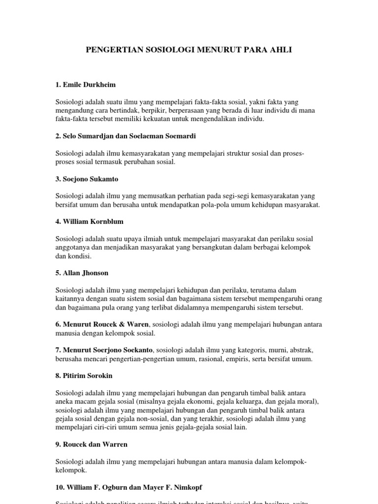 Pengertian Sosiologi Menurut para Ahli PDF
