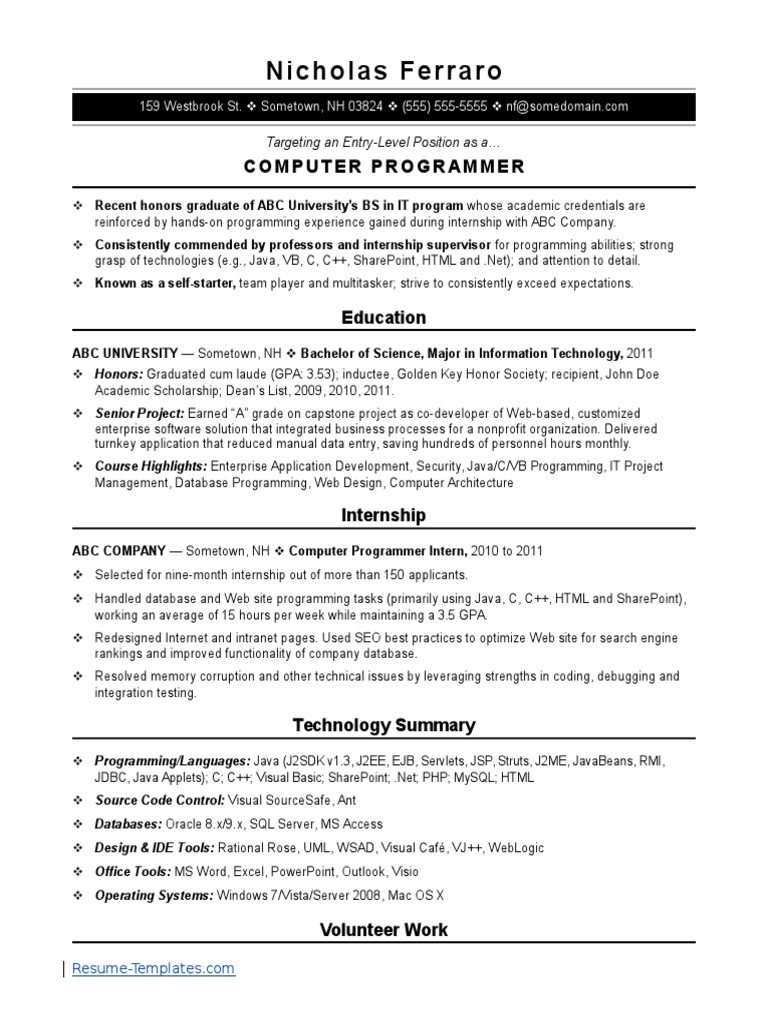 sample entry level computer programmer resume template