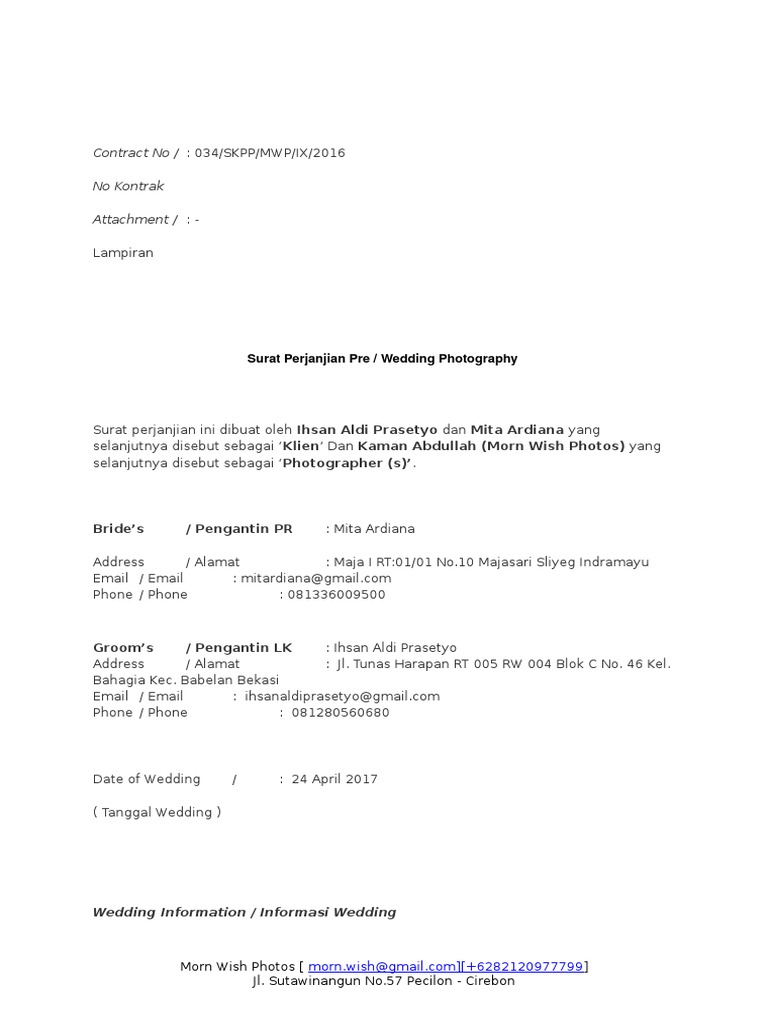 Surat Perjanjian Fotografer Wedding