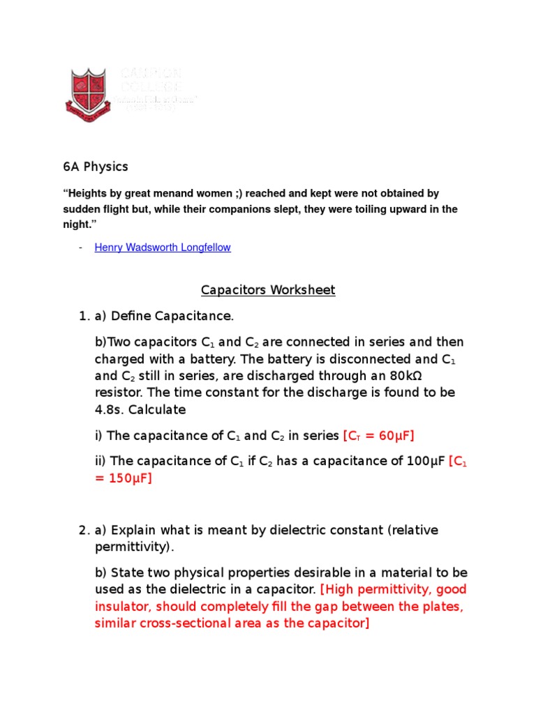 6A Capacitors Worksheet 2016 PDF Capacitor Series And Parallel