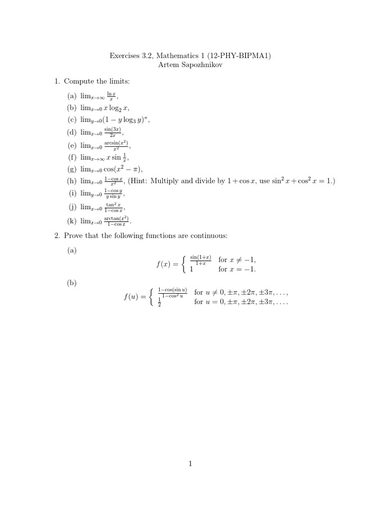 Limit Computation and Continuity Exercises | PDF