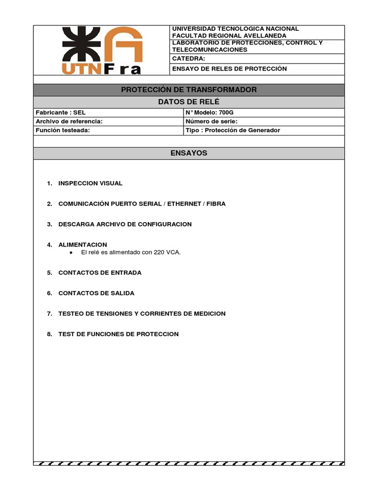 Protocolo de Ensayos SEL 700G PDF Relé voltaje
