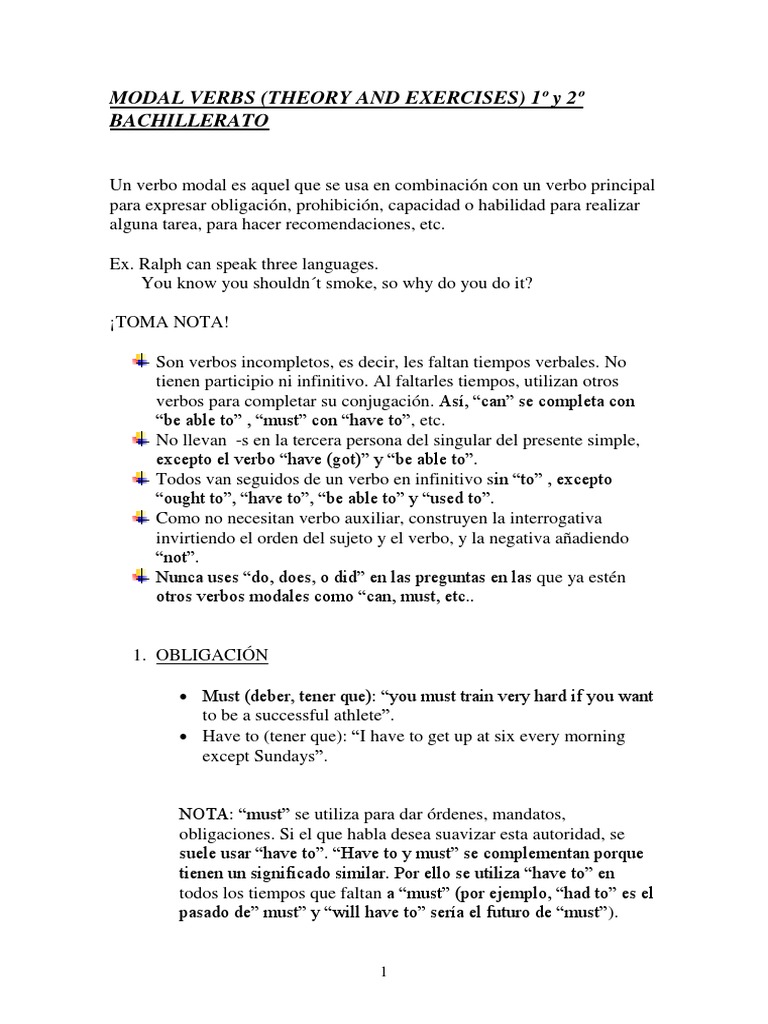 Ejercicios de Verbos Modales Bachillerato | PDF