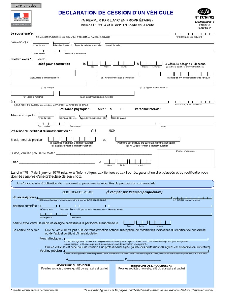 Certificat De Cession D'un Véhicule D'occasion Vierge