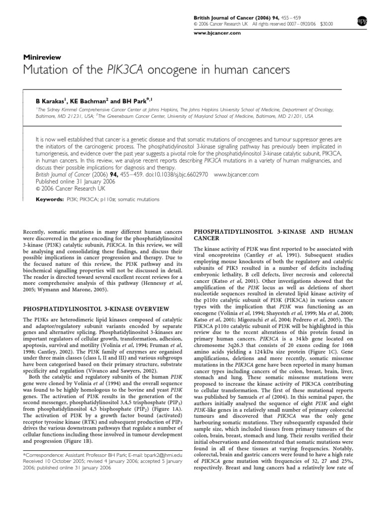 PIK3CA Oncogene Mutations in Cancer | PDF | Cancer | Life Sciences