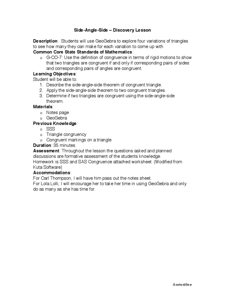 Side-Angle-Side Lesson Plan | PDF | Geometry | Space