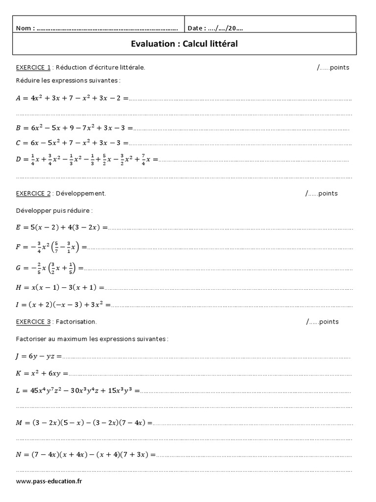 Exercice Sur Le Calcul Littéral 4ème Développement Factorisation 4ème Evaluation Sur Le Calcul Littéral | PDF
