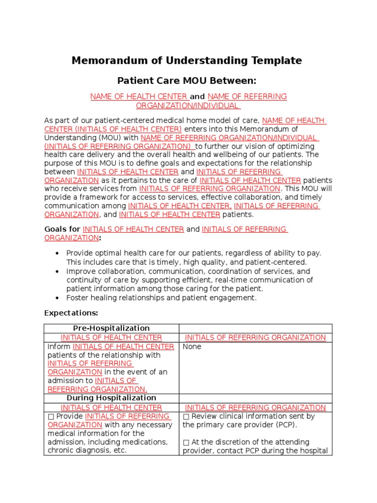 Memorandum of Understanding Template: Patient Care MOU Between | PDF