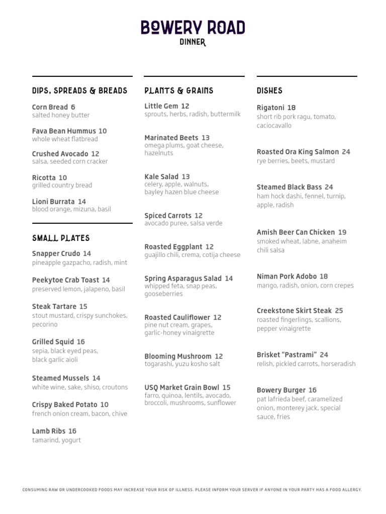 Bowery Road Dinner Menu Pickling Salad