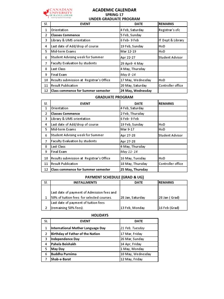CUB Academic Calendar Spring 2017 For Students PDF Academic Term