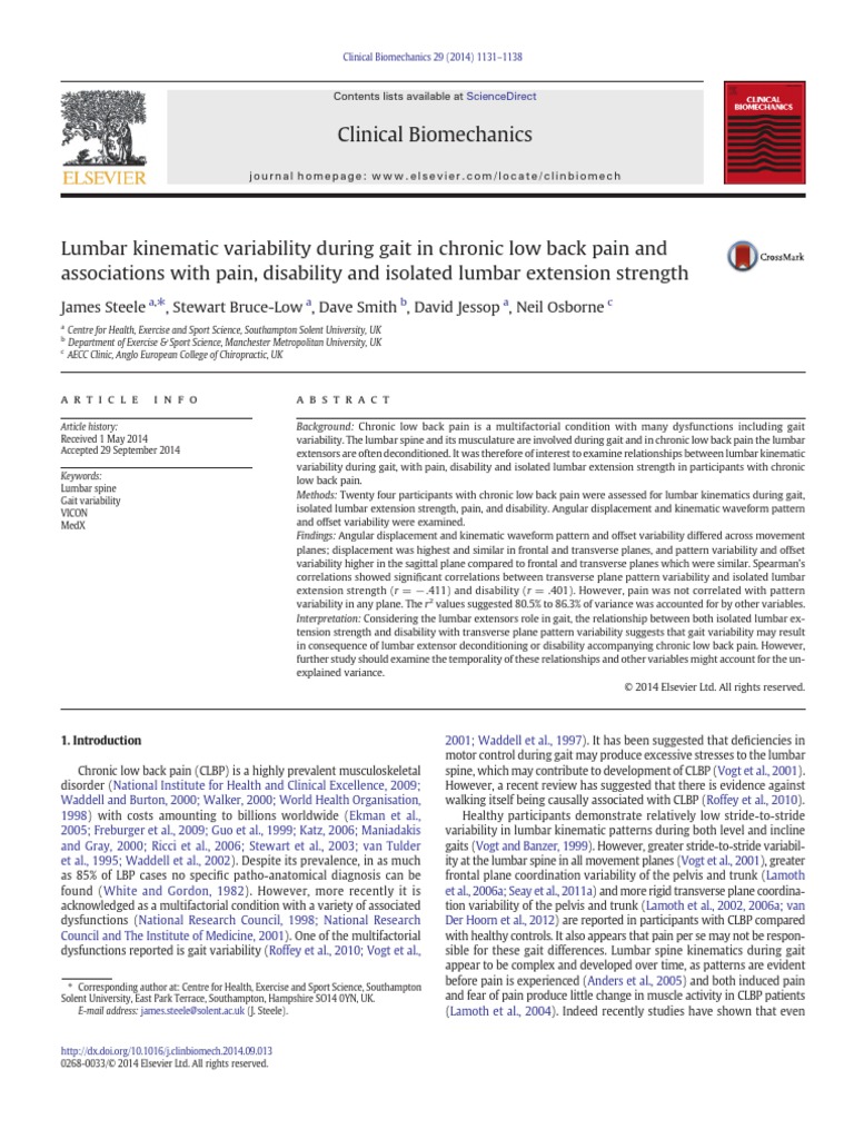 Lumbar Kinematic Variability During Gait in Chronic Low Back Pain and ...