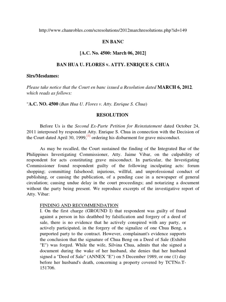 Flores V Chua AC 4500 Resolution March 6 2012 PDF Complaint Lawsuit