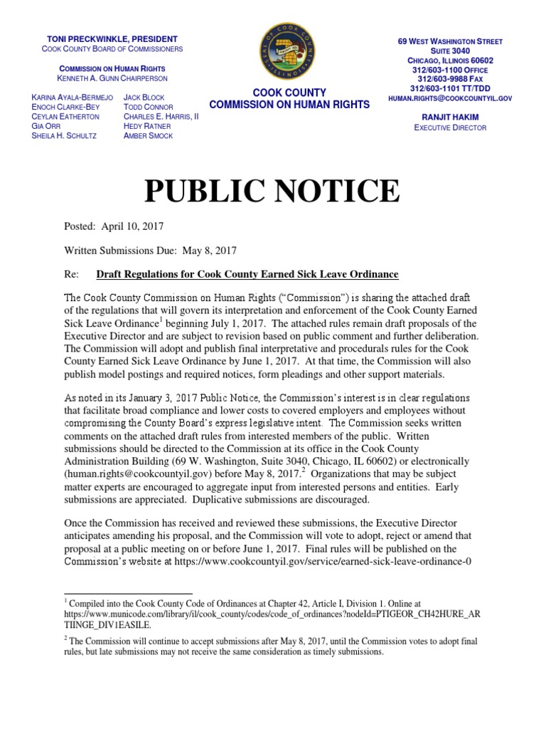 Public Notice Draft Regulations for Cook County Earned Sick Leave