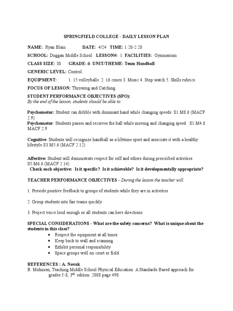 Team Handball Lesson 1 Duggan | PDF | Lesson Plan | Ball Games