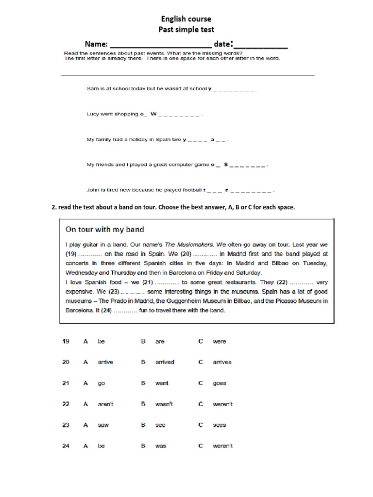 English Course Past Simple Test Name: - Date | PDF | Language Arts ...