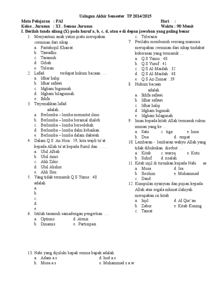 Soal Uas Agama Kelas XI PDF